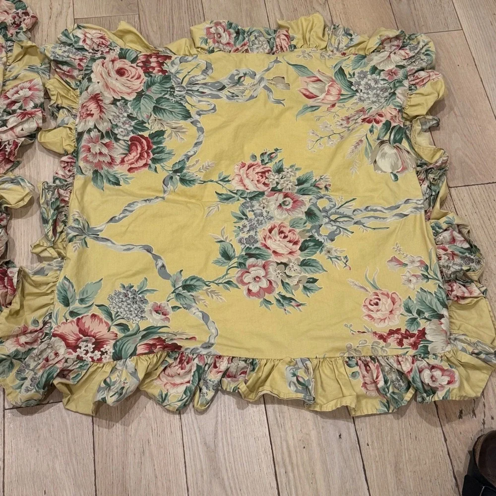 Ralph Lauren Floral Pillow Sham Set 2 Euro Square Yellow Rose Ruffle Cottagecore